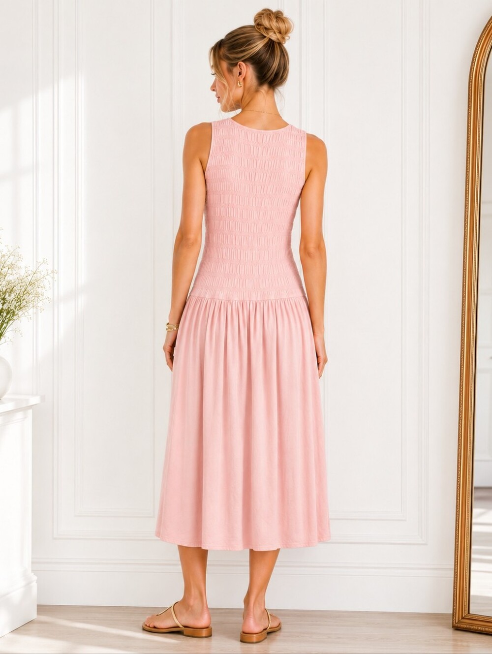 Universal Thread Pink Smocked Midi Dress Size Medium Sleeveless Casual Romantic - Picture 2 of 9